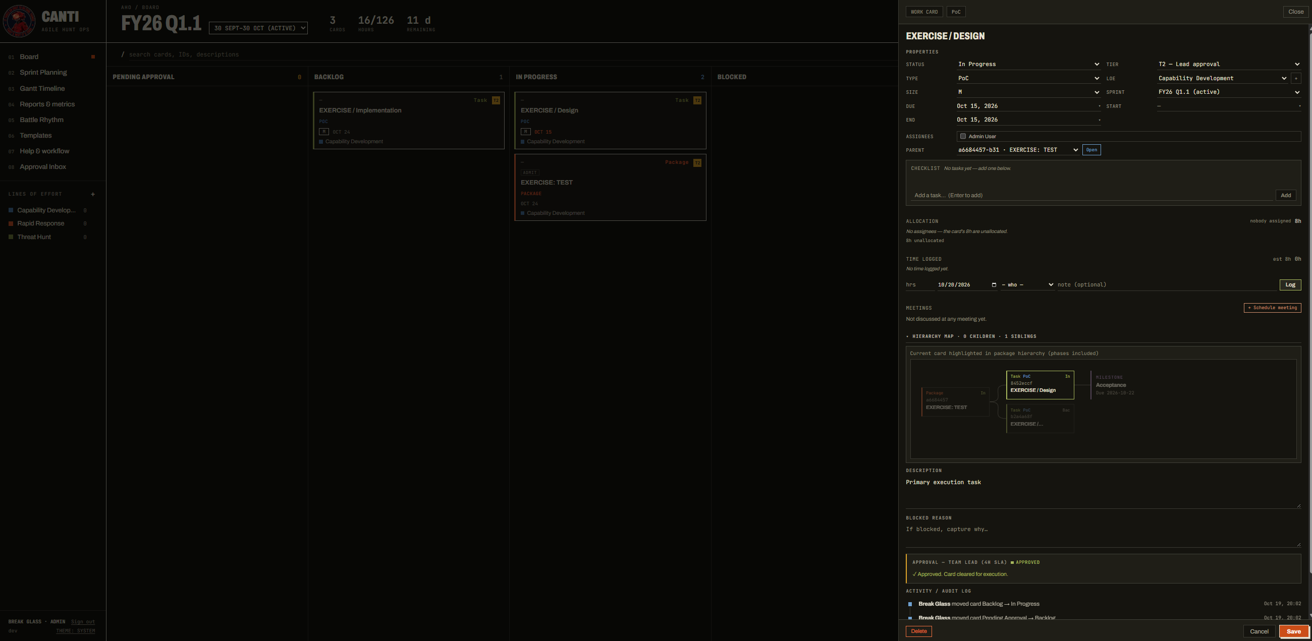 Card detail with approval, allocation and audit log